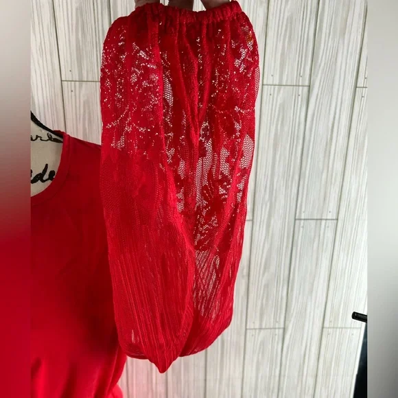 Shein Red Long Sleeve Lacy Gathered Cuffs Top - Picture 3 of 5